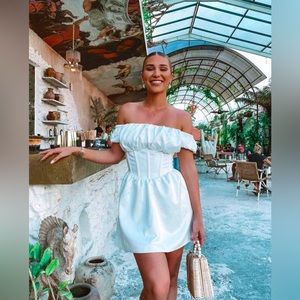 MESHKI White Off The Shoulder Satin Dress